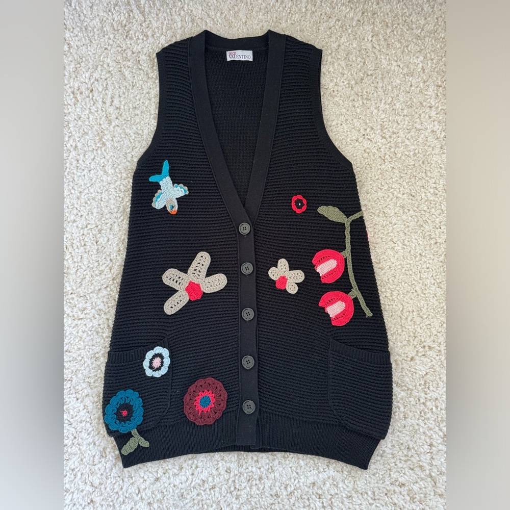 Red Valentino Black Floral Embroidery mid length wool